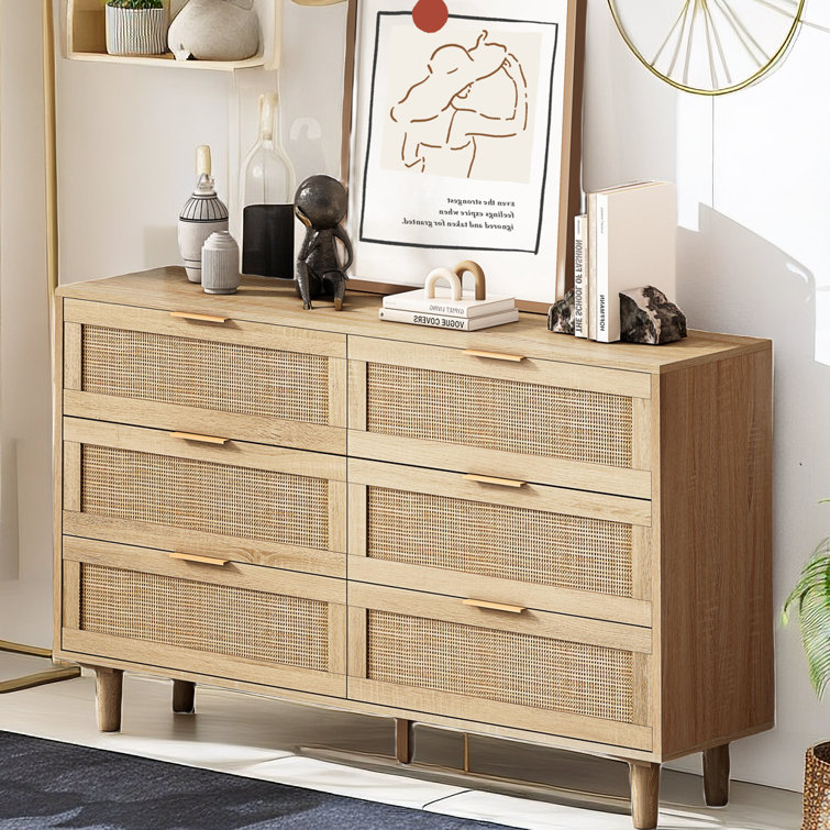 6 Drawer Dresser Rattan Dresser Modern Chest with Drawers,Wood Storage  Closet Dressers Chest of Drawers for Bedroom,Living Room,Hallway (Natural)