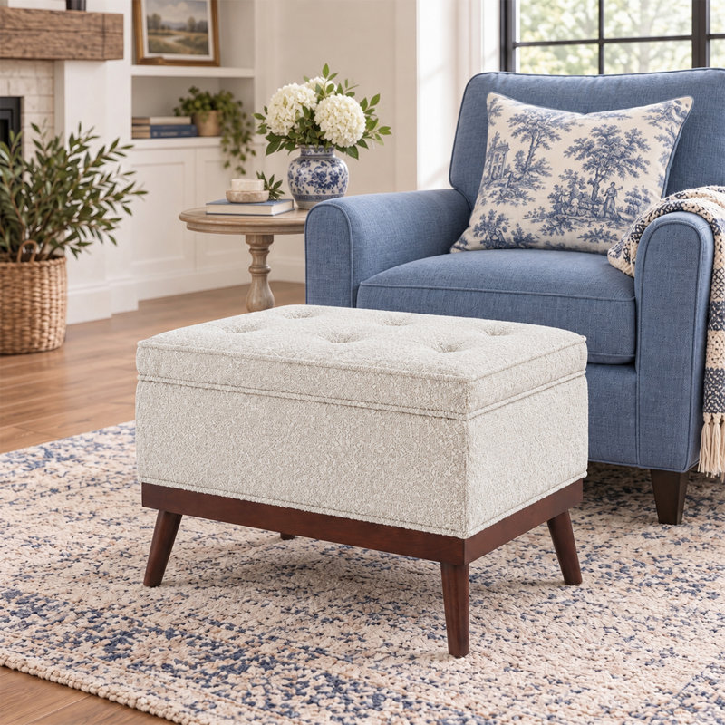 Luciano Mid Century Storage Ottoman, Oatmeal