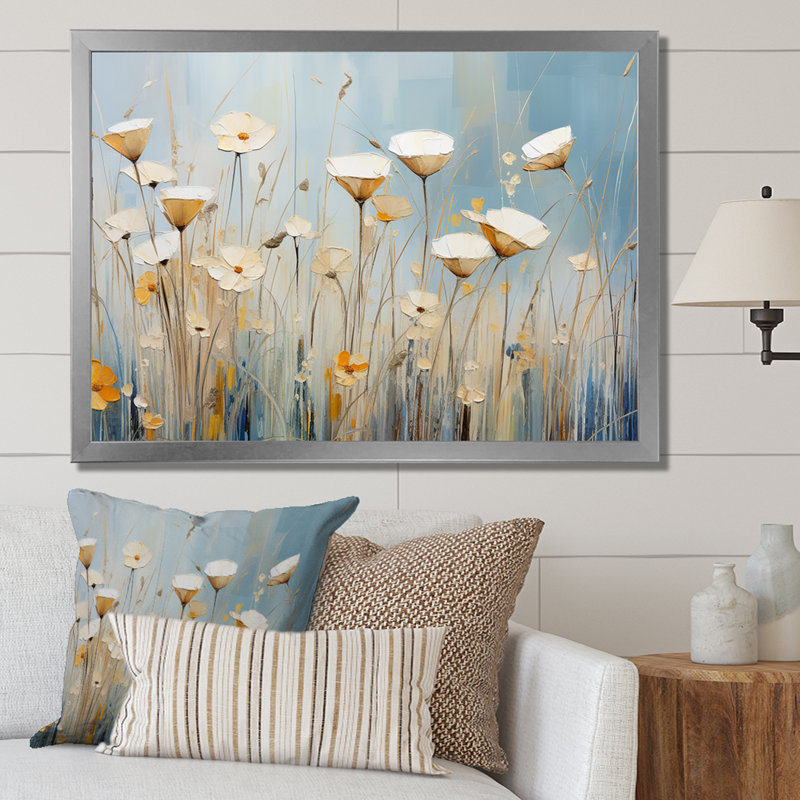 «Beige Minimalisme Wildflowers Breeze» sur toile, Cadre simple argenté, H 16 po x l 32 po x P 1 po