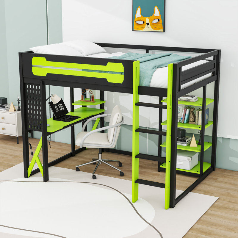 Full Wood Loft Bed with Desk, Shelves, LED Light and Power Outlet, Black Green