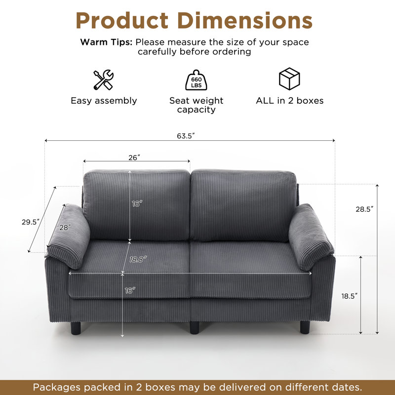63.5" Corduroy Loveseat Sofa, Modern 2-Seater Couch, Comfy Small-Space Sofa for Living Room & Bedroom, Gray