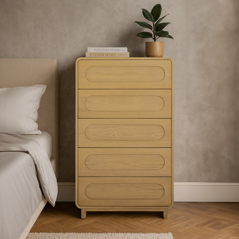 Commode 5 tiroirs Tenley Mid-Century, Naturel