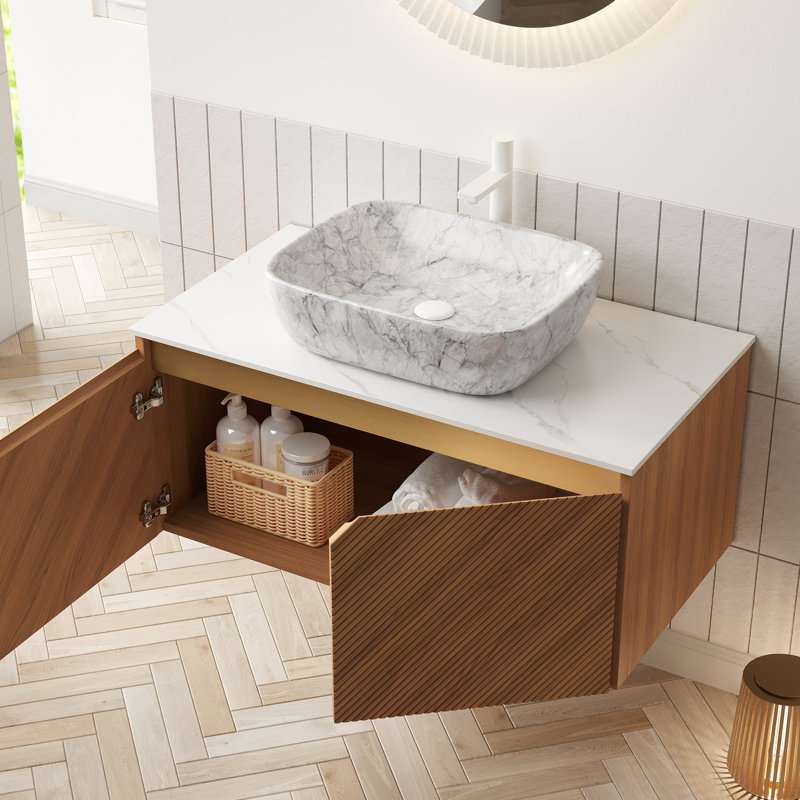 36 - Inch Bathroom Vanity Featuring Floating Bathroom, Twill Symmetry Double Doors, Marble Ceramic Vessel Basin, White Sintered Stone Counter With Storage, Decorated And Top In Oak