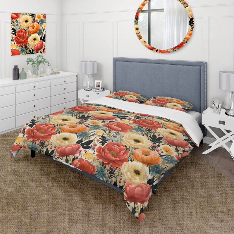 Ensemble de housse de couette floral beige et rose Floral II, Housse de couette simple + 1 taie décorative stan