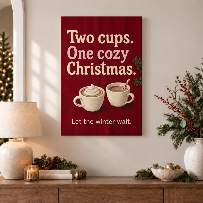 "Deux tasses de chocolat chaud et branches de pin sur toile de Noël", H 30 po x l 20 po