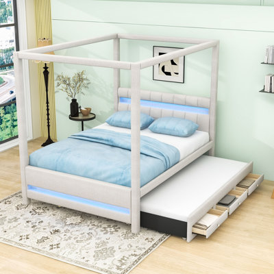 Canopy Platform Bed with LED Lights, Trundle and Storage Drawers