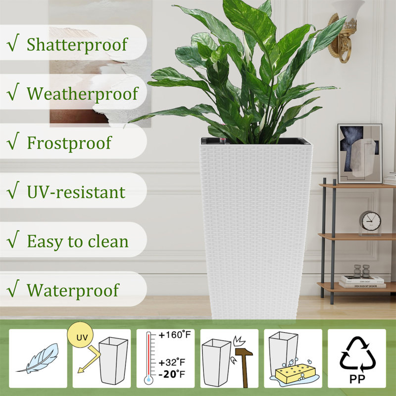 Indoor/Outdoor Modern Faux Rattan Design Square Planter, White, 22.6" H x 11.02" W x 11.02" D