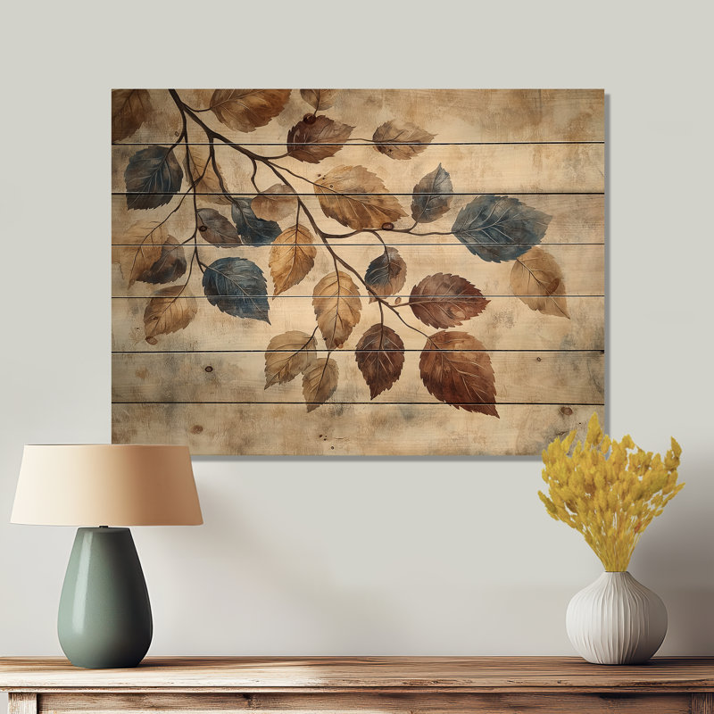 Sépia délavé III - impression sur bois de feuilles - sur bois de pin naturel, H 24 po x l 32 po