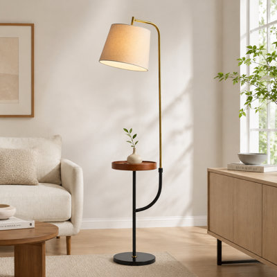 Lampe sur pied moderne Leeward 66 po avec plateau rond en bois massif et port USB, laiton poli et cadre en métal noir mat, lampe sur pied en marbre noir pour chambre à coucher, salon et bureau