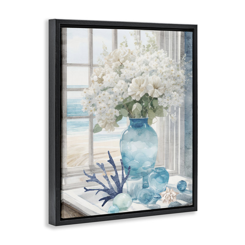 "Coastal Flower Vase Floater", art mural par Kim Allen, Cadre flottant noir de jais, H 31 po x l 25 po