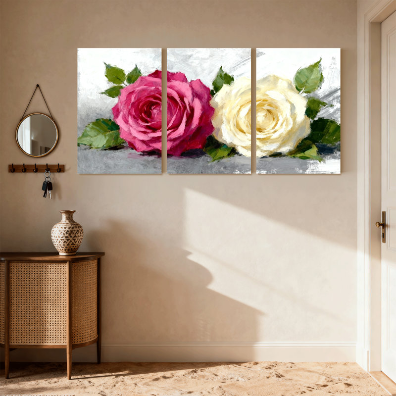 Rose, rose, rose, blanc, rose, feuilles vertes, réflexion, ensemble de 3 impressions sur toile, H 18 po x l 36 po
