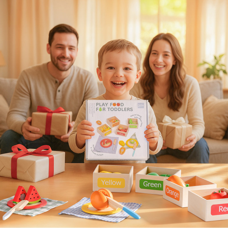 Wooden Play Food for Kids Kitchen, Cutting Fruit for Toy Kitchen Accessories, Four-Color Fruit to Match Color
