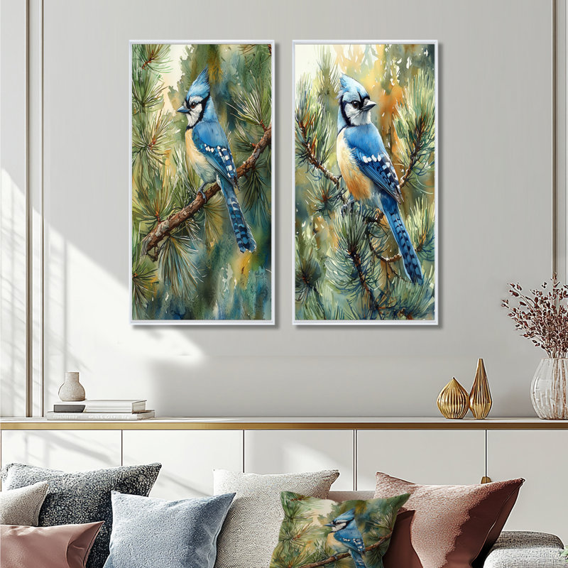 «Blue Jay parmi les pins», art mural 2 pièces, H 32 po x l 33 po, Reproduction encadrée sans passe-partout, Blanc