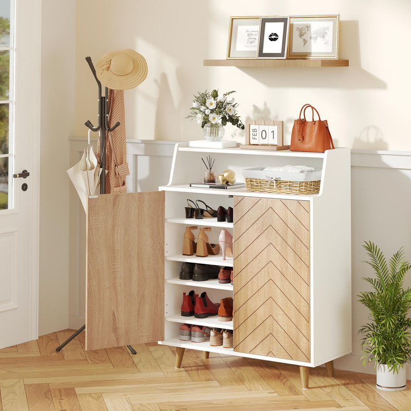 Lenard 5 Tier Wood Shoe Storage Cabinets, White/Wood