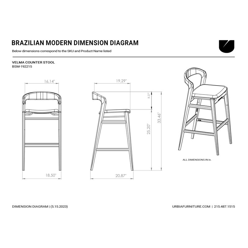 Modern Brazilian Velma Counter Stool, Essence Gray/Ebano Frame, Counter Stool (25.25" Seat Height)