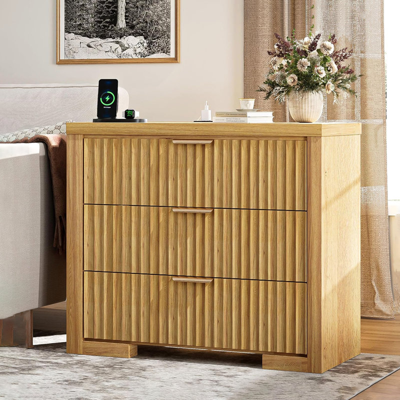 3-Drawer 31.5'' W Fluted Nightstand with Outlets, Wood Storage Bedside Table