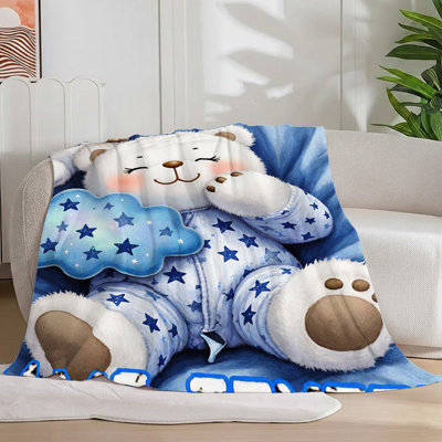 1Pc mignon ours blanc en flanelle couverture douce et mignonne motif d'étoiles pour canapé / lit / voyage 50 * 60