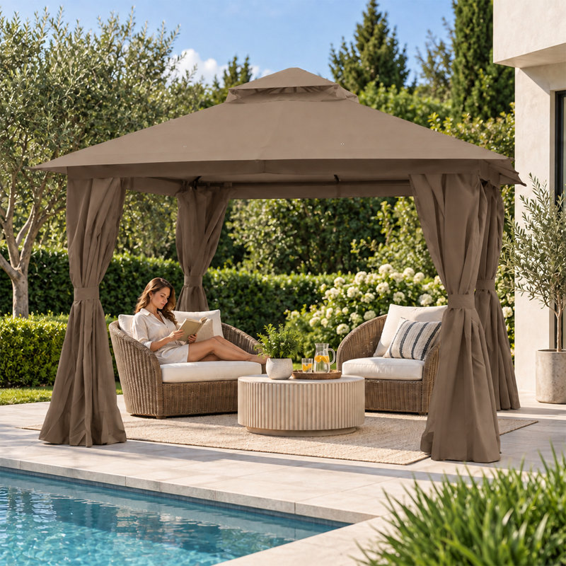 10 x 10 Ft Soft Top Patio Gazebo with 2-Tier Canopy, Mesh Netting and Privacy Curtains, Galvanized Steel Outdoor Canopy for Backyard Deck and Garden