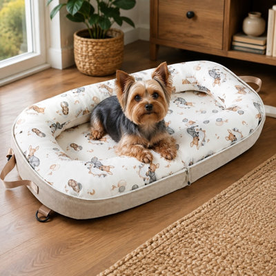 Lit de voyage pliable pour petits chiens et chats avec coussins amovibles, surface en coton doux, soutien rembourré, construction facile à nettoyer, deux options de transport et une poche intégrée pour des soins quotidiens pratiques de l'animal de compagnie.