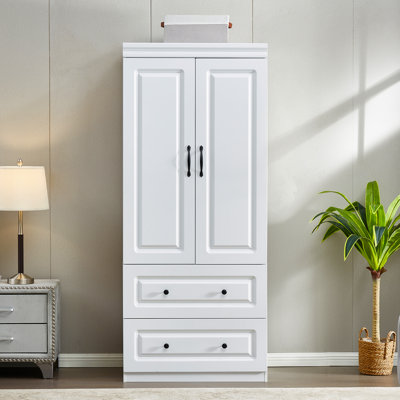 Abbottsville White Wardrobe Closet with Soft-Close Doors & 2 Drawers | Bedroom Armoire, Space-Saving Design (70.87”H)