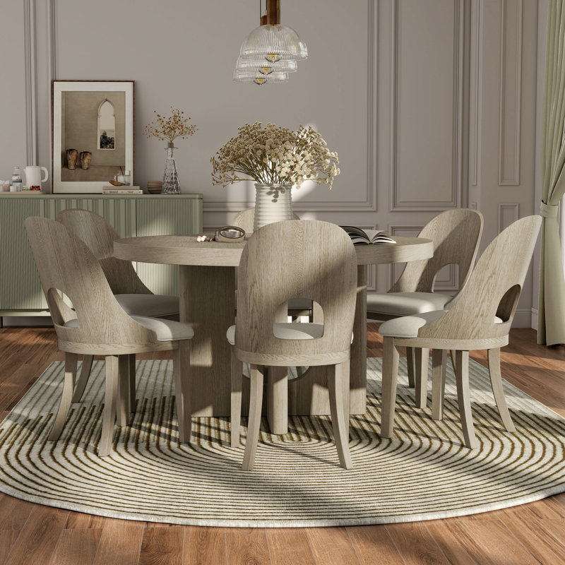 Doloros Bart Round Dining Table Set, White Oak, 7 Pieces: Table, 6 Chairs