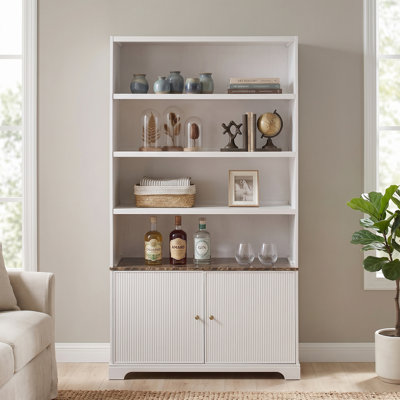Anwick Modern Neoclassical Tall Bookcase Storage Cabinet with Fluted Double Doors, Open Display Shelves & Faux Marble Accent Top for Living Room & Office