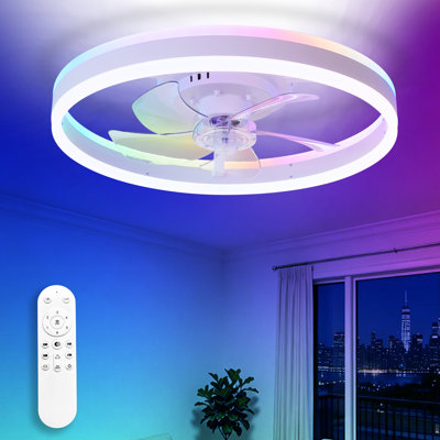 20" White Flush Mount Ceiling Fan with Light, Low Profile, App & Remote Control, 6-Speed Quiet DC Motor, Dimmable LED for Bedroom(Up and Down Lighting}