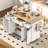 Fluted Kitchen Island with Storage, 55.5" Kitchen Island with Drop Leaf, Power Outlet, 4 Doors and 3 Drawers, Rolling Island Table with Wood-grain Top