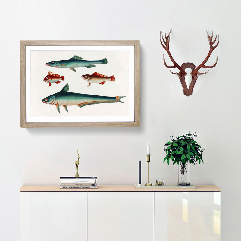 Two Brown and Green Fish - Picture Frame Painting Print, 36cm H x 48cm W x 2cm D, Oak Framed