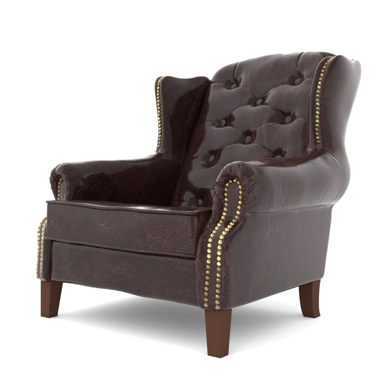 Chesterfield Wingback Armchair  with Quilting And Wooden Legs Made of Vegan Leather, Brown