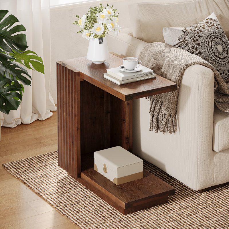Solid Wood End Table, C-Shaped Side Table for Sofa, Bed, Dark Brown