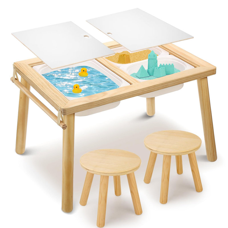 Ensemble de table sensorielle et de chaise pour enfants avec 3 bacs de rangement et 1 rouleau de papier - Table d'activité en bois massif avec 2 tabourets pour jouer, étudier et créer
