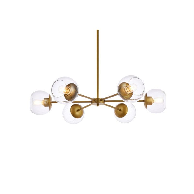 Caisha 6 - Light Dimmable Sputnik Modern Linear Chandelier, Brass/Clear, 6" H x 30" W x 30" D