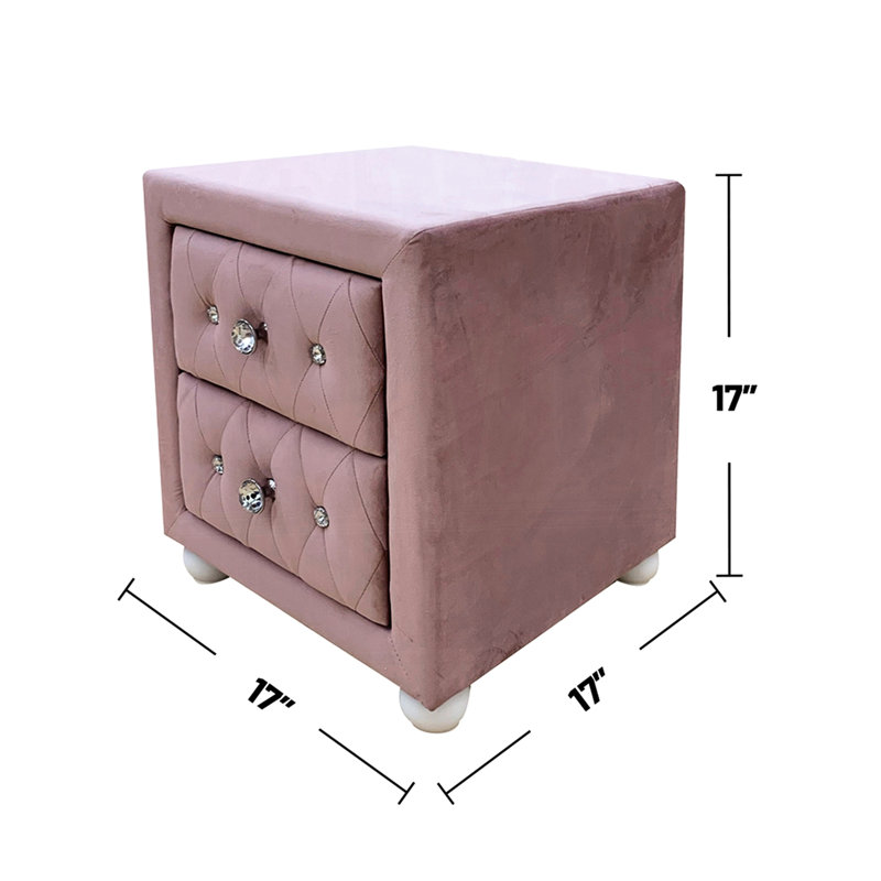 Pink 2 Upholstered Nightstand - Foam & Particle Board + Construction, , Bedroom Essential With 2 Drawers In Upholstery Tropical Wood, Pulls