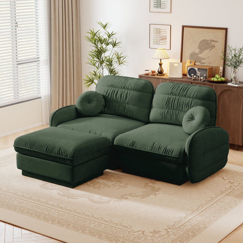 Causeuse de 72 pouces de large avec dossier en tissu matelassé en chenille et dossier avec repose-pieds mobile pour petits espaces, vert