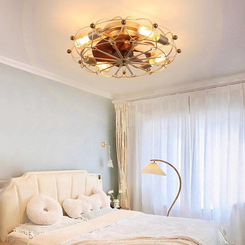Ventilateur de plafond en cage à profil bas avec télécommande et lumières, ventilateur industriel intégré moderne, Gold