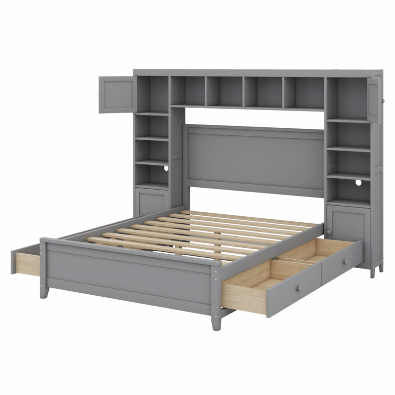 Lit en bois avec armoire et tablette tout-en-un, Gris