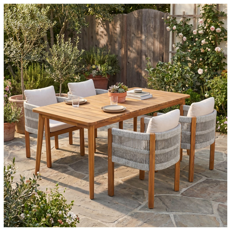 Ensemble de salle à manger 5 pièces en bois d'acacia avec finition en teck, table rectangulaire et 4 chaises en corde avec coussins beiges