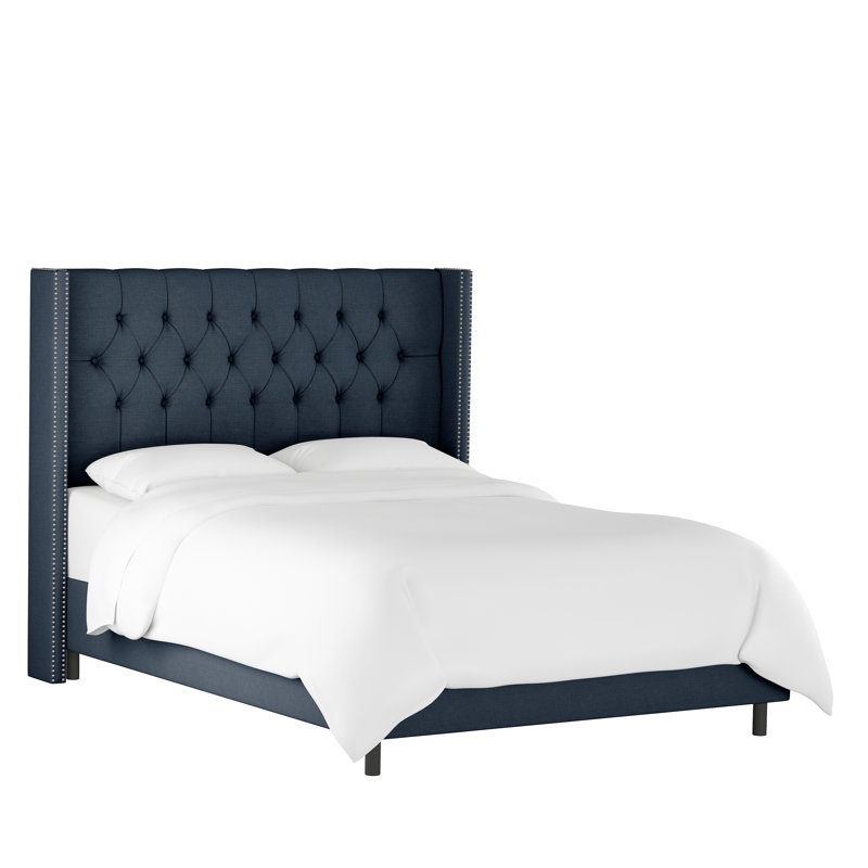 Lit tapissier standard Breckin, Lin bleu marine classique, Simple