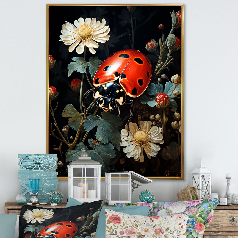 Coccinelle à motif floral sur toile, H 20 po x l 12 po x P 1 po, Cadre flottant doré
