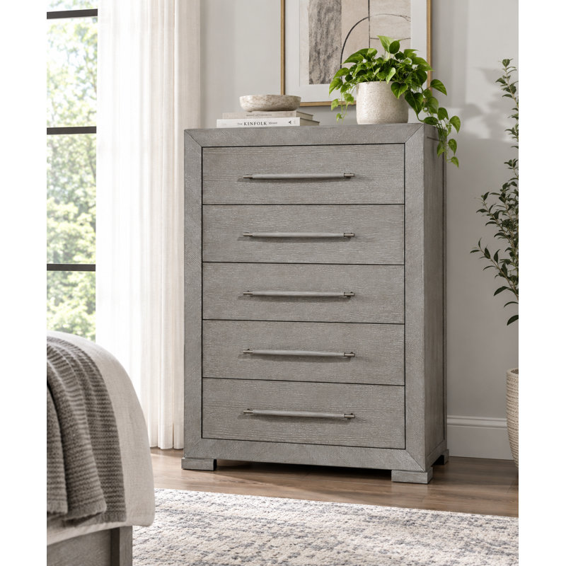 Commode ovale haute Ova, 5 tiroirs l larges poignées en bois, gris