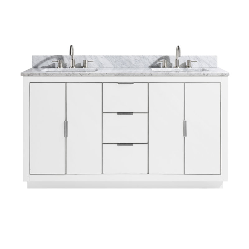 Austen 61'' W Double Vanity, White, Carrara White Marble/Silver
