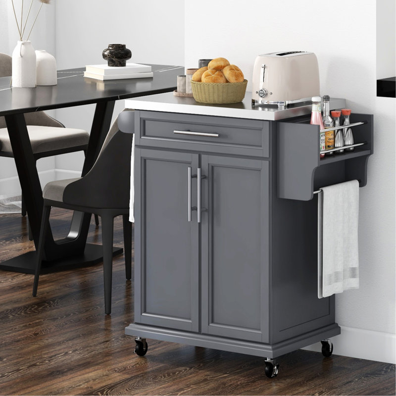 Chariot de rangement pour îlot de cuisine avec comptoir en acier inoxydable, tiroir, porte-serviettes, tablette à épices dans un chariot roulant gris, comptoir, support