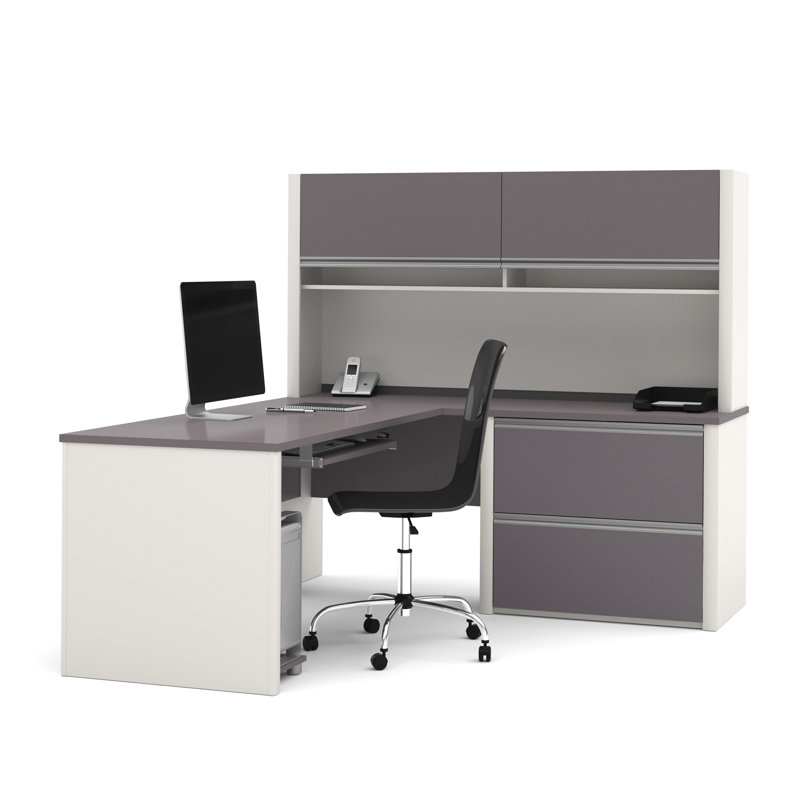 Bureau en L réversible avec rehausse Aurea, Ardoise / Grès