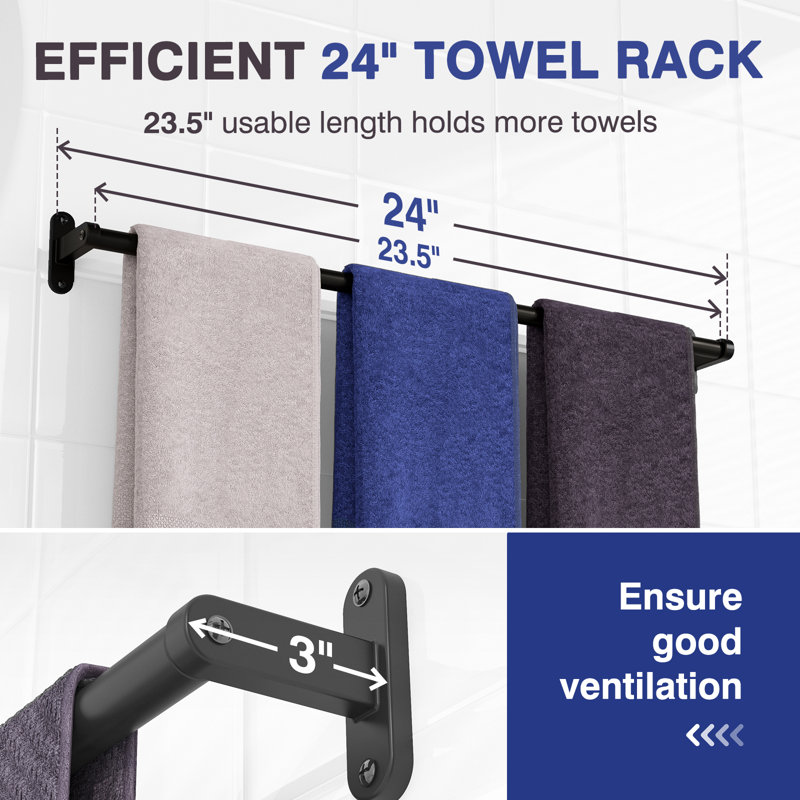 24" Wall Mounted Towel Bar in Matte Black with Installation Hardware