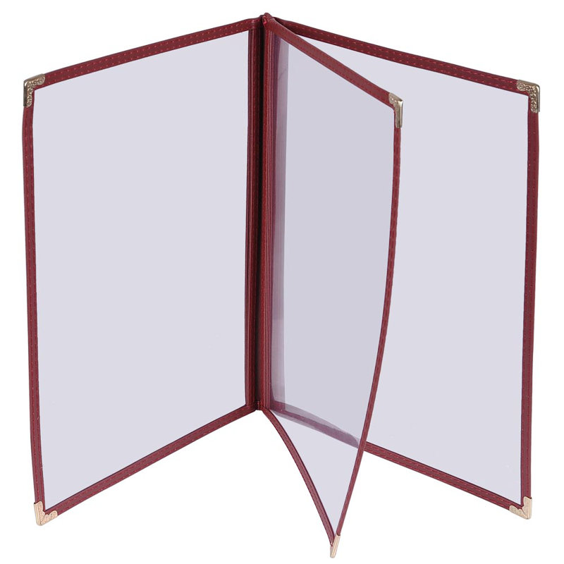 Paquet de 30 pochettes pour menu de restaurant WeChef 8,5 x 11 po style livre 3 pages 6 vues PVC transparent, Bourgogne
