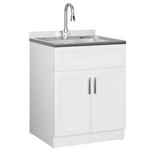 Laundry Sink With Cabinet, Full Body Stainless Steel, 25-inch Stainless Steel Utility Sink With Pull - Down Faucet