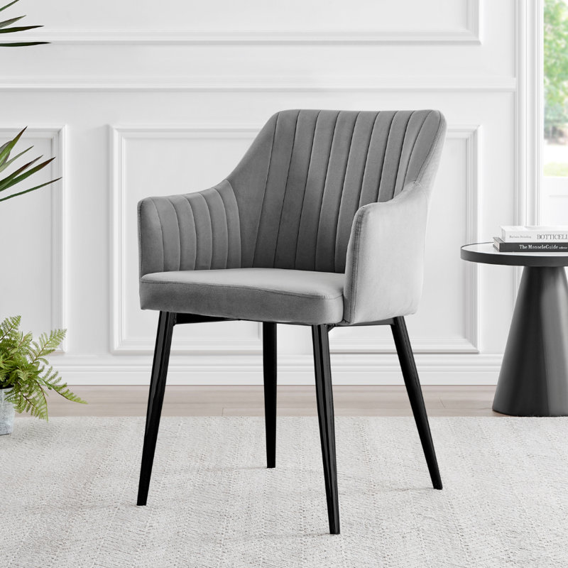 Calley Velvet Bucket Tub Chairs with Tapered Metal Legs and Vertical Stitching, Black, Grey