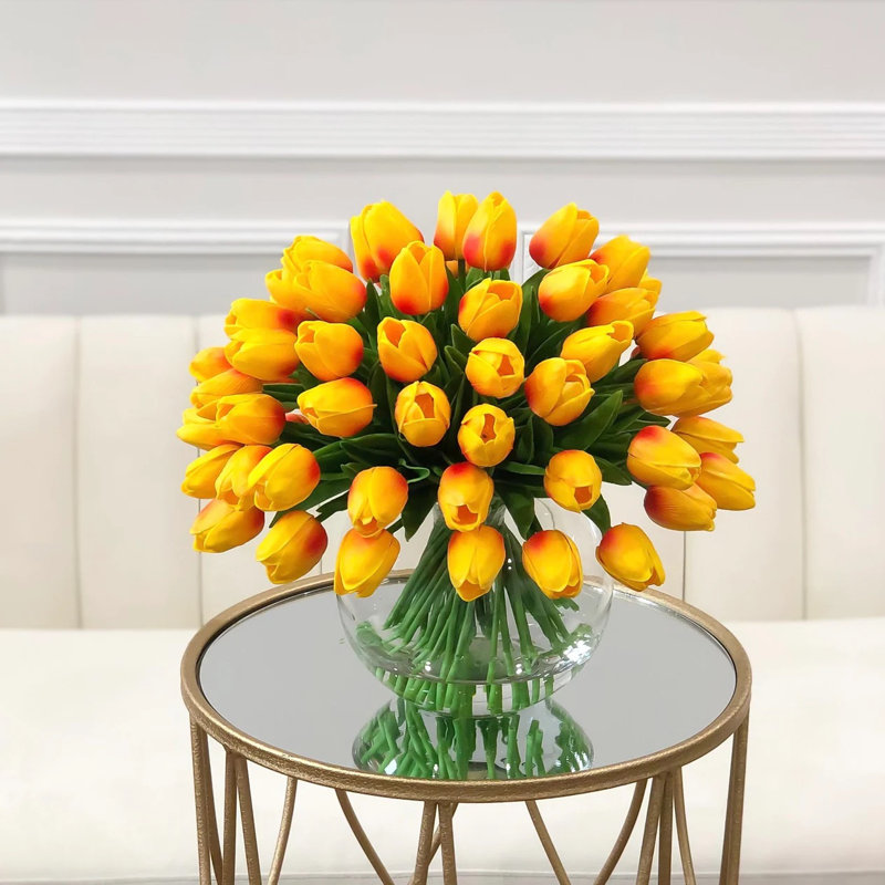 Real Touch Tulips Centerpiece In Vase, Orange Ombre Yellow