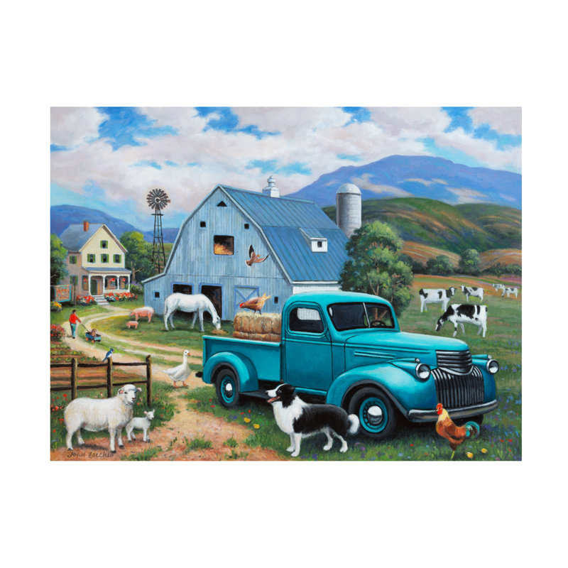 «Down At The Farm With A Blue Truck On Canvas» par John Zaccheo, H 35 po x l 47 po x P 2 po